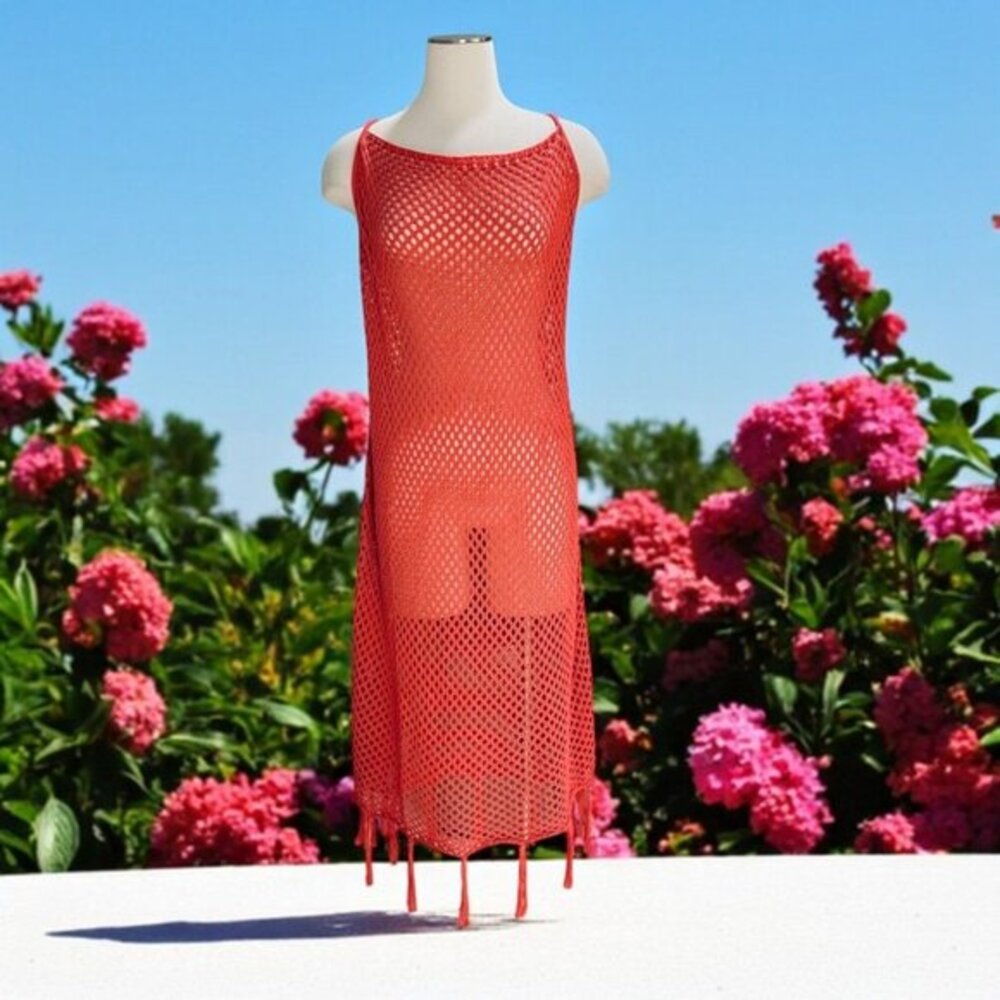 Red Crochet Mesh Swim Cover-Up Dress
